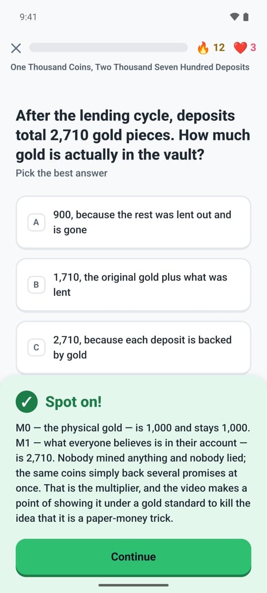A lesson in the OpenMacro app, with the explanation after a correct answer